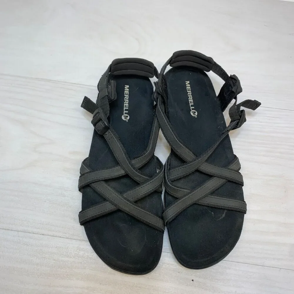 Merrell Terran Ari Lattice Sandals Womens 10 Black  Leather Strappy Sport Hiking